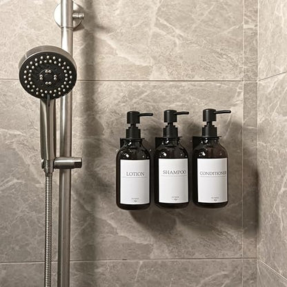 Shampoo Dispenser for Shower Wall, Shampoo and Conditioner Dispenser with 16 Waterproof Labels, No Drill Shower Soap Dispenser Bathroom, Shower Soap Dispenser Wall Mounted,17oz, 3 Pack, Amber - color: 1-amber Bottle + Black Pump