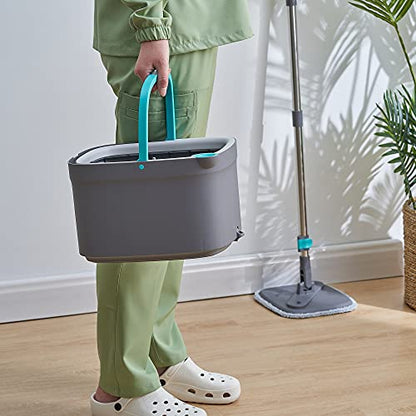 True & Tidy® SPIN-800 TrueClean Mop and Bucket System Upgraded Version w/Side Brush & Self-Standing Handle, Self Wringing Spin Mop w/Separate Compartments for Clean and Dirty Water - color: Gray New