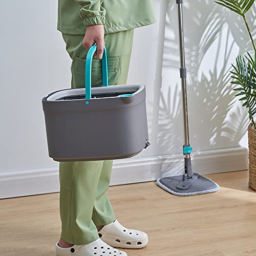 True & Tidy SPIN-800 TrueClean Mop and Bucket System Self Wringing Spin Mop with Separate Compartments for Clean and Dirty Water, Square Spin Floor with 2 Machine Washable Pads - color: Gray