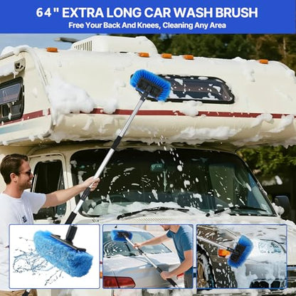64'' Car Wash Brush with Long Handle, RV Flow-Through Wash Brush with Adjustable Handle, Anti-Scratch Plus Size Soft Car Wash Brush Mop with Hose Attachment Car Wash Kit for SUV RV Truck Boat