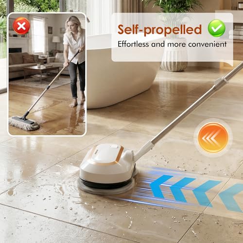AlfaBot Cordless Electric Mop for Floor Cleaning, Dual Spin with LED Headlight, Water Spray, Long-Lasting Battery, Self-Propelled Floor Cleaner with Adjustable Tube for All Floors