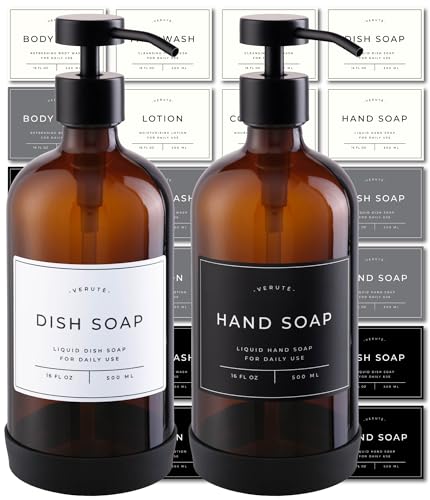Hand and Dish Soap Dispenser for Kitchen and Bathroom, Set of 2 16 Oz Glass Bottles, Stainless Steel Pumps, Non-Slip Silicone Base, 27 Waterproof Labels (Amber Bottle/Black Pump) - color: Amber Bottle / Black Pump