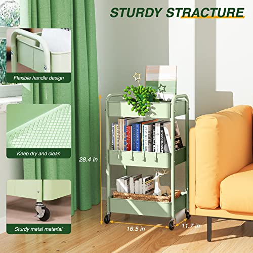 LEHOM 3 Tier Rolling Cart, Metal Rolling Utility Cart with Lockable Wheels & Hooks, Multi-Functional Heavy Duty Storage Cart Organizer for Bathroom, Kitchen, Office, Living Room - color: Green