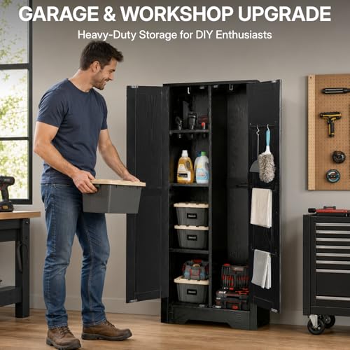 NORTHSKY 55" Wooden Broom Closet, Tall Storage Cabinet for Vacuum Cleaner&Mops, Compatible with Dyson, Utility Cabinet w/4 Shelves&Hanging Rod, Freestanding Organizer for Laundry,Garage,Home,Office