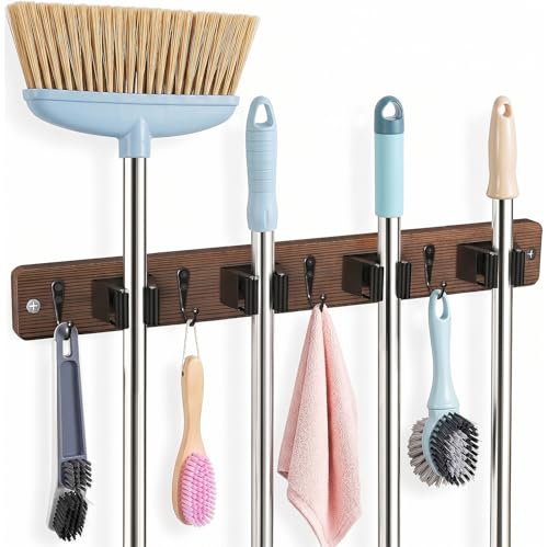 Broom Holder Wall Mounted, 4 Holders and 4 Hooks Mop Holder, Wooden Mop and Broom Holder with Anti slip rubber, Natural pine wood Brush Holder, Mop Wall Holde with Nail installation, Room Storage - color: Brown, size: 1 Pack