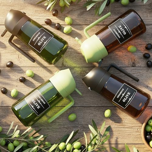 OURCABECUE 2 in 1 Olive Oil Sprayer for Cooking, 16oz/470ml Glass Olive Oil Dispenser Bottle for Kitchen, Light-Blocking Dark Brown Oil Mister with 8 Oil Stickers (Black 2PC) - color: Brown Bottle-Black 2PC