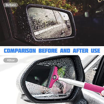 8sanlione Car Rearview Mirror Wiper, American Flag Telescopic Auto Mirror Squeegee Cleaner, Glass Mist Cleaning Tool with Retractable 98cm Handle, Portable Car Windows Water Removal (Pink/Car Logo) - color: Pink/Car Logo