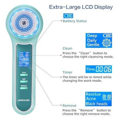 UMICKOO Face Scrubber Exfoliator,Facial Cleansing Brush Waterproof with LCD Screen,Blackhead Remover Vacuum with 5 Brush Heads,Face Spin Brush for Exfoliating, Massaging and Deep Pore Cleansing - color: Mintgreen