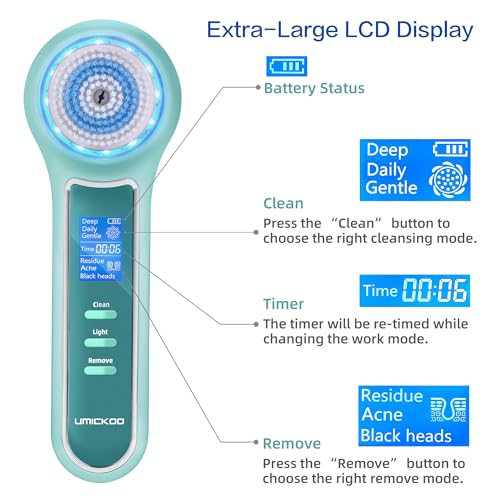 UMICKOO Face Scrubber Exfoliator,Facial Cleansing Brush Waterproof with LCD Screen,Blackhead Remover Vacuum with 5 Brush Heads,Face Spin Brush for Exfoliating (Mint-Green) - color: Mint-green