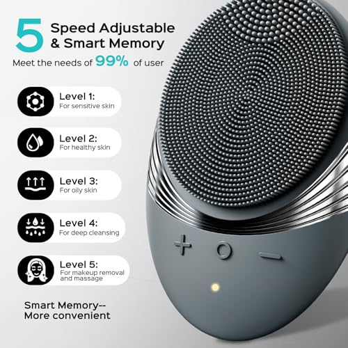 COSLUS FBS01 Facial Cleansing Brush Face Scrubber, Compact for Travel | Rechargeable, Gentle Silicone, 5 Cleansing Modes, Deep Cleaning for Men & Women, Removing Blackhead Exfoliating, Grey - color: Grey
