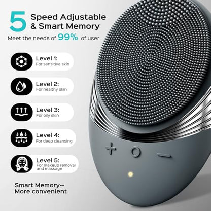COSLUS FBS01 Facial Cleansing Brush Face Scrubber, Compact for Travel | Rechargeable, Gentle Silicone, 5 Cleansing Modes, Deep Cleaning for Men & Women, Removing Blackhead Exfoliating, Grey - color: Grey