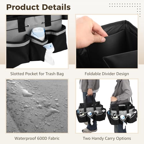 Wearable Cleaning Caddy Bag, Large Housekeeping Supply Organizer with Adjustable Shoulder Strap, Waist Strap and Handle, 600D Oxford Cleaning Tote with Dividers for Kitchen, Car Detailing, Black Gray