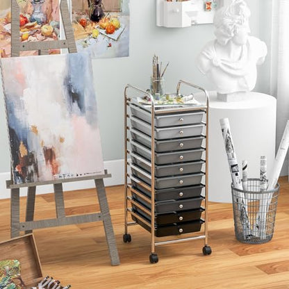 DREAMADE Rolling Cart with Storage Drawers, Utility Cart with Removable Plastic Drawers, Lockable Wheels, Art Cart for Classroom Organization Art Supplies Office Scrapbook (10 Drawers, Mixed-black) - color: Mixed-black, style: 10 Drawers