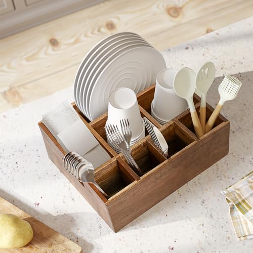 VaeFae Acacia Wood Caddy Organizer, Napkin and Paper Plate Holder, Wooden Utensil Holder, Silverware Caddy for Kitchen, Camping, Party - size: Large