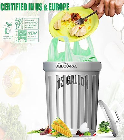 BEIDOU-PAC Compostable 13 Gallon Trash Bags, Tall Kitchen Garbage Bags with Handle, Sturdy Compost Bags, 100 Count, US BPI Certified - style: Handle | 13 Gallon | 100 Count