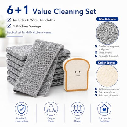 Non Scratch Wire Dishcloths 6 Pack with Kitchen Sponge | 6 wire dishcloths plus 1 sponge for dishes, pots, pans, sinks, stovetops, counters, and daily kitchen cleaning. - color: 6+1 Set