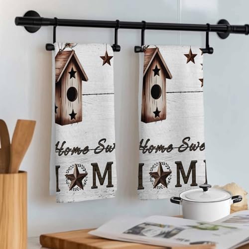 Bird Houses Kitchen Towels Set of 4 Sparrows Home Sweet Branch Star White Wood Grain Decorative Dish Towels Ultra Soft Microfiber Absorbent Reusable Dishcloths for Kitchen Drying, 18x28 Inch - size: 28" x 18" (Pack of 4)