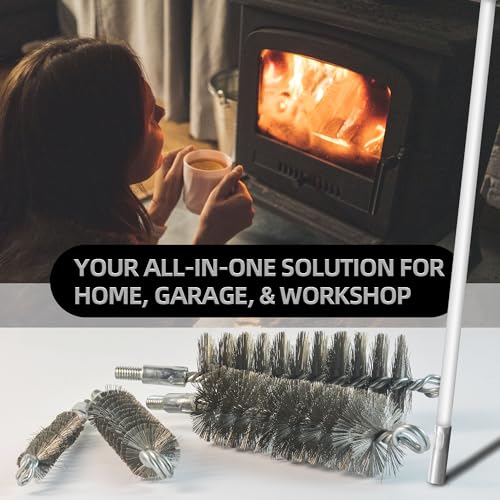 Drill-Powered Chimney & Pipe Cleaning Brush Kit - 50" Flexible Rods, 4 Stainless Steel Brush Heads (15-50mm), for Fireplace, Auto Parts, Tubes