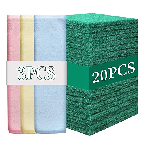 Heavy Duty Scour Pads Sponge Dish Scrubber Non-Scratch Green Reusable Household Scrub Pads for Kitchen and Dish Cleaning Tool (20Pcs Sponge+3Pcs Clean Towel) - style: 20Pcs Sponge+3Pcs Clean Towel