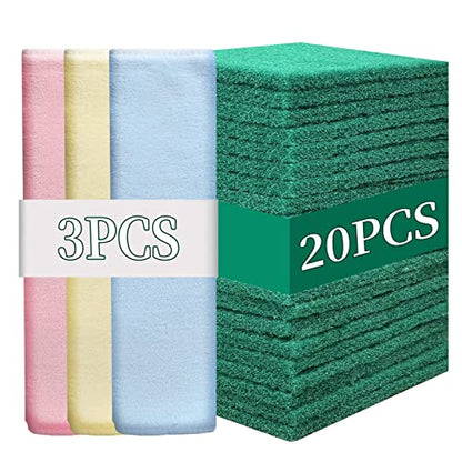 Heavy Duty Scour Pads Sponge Dish Scrubber Non-Scratch Green Reusable Household Scrub Pads for Kitchen and Dish Cleaning Tool (20Pcs Sponge+3Pcs Clean Towel) - style: 20Pcs Sponge+3Pcs Clean Towel