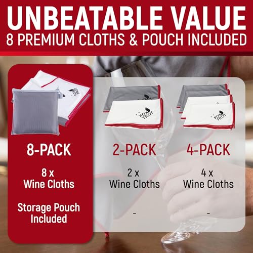 Fox Trot Wine Glass Polishing Cloths (8 Pack) with Storage Pouch | Large Microfiber Glass Drying Towel | Lint Free, Streak Free Shine for Stemware, Crystal & Glassware | 23" L x 20" W - color: 8-pack (White | Gray)