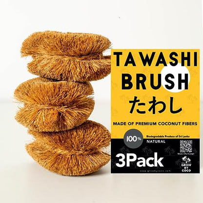 Pack of 3 Tawashi Vegetable Scrub Brush,100% Natural Coconut Coir Fiber VegetableBrush, Ideal for Fruit Scrub, Dish Brush for Kitchen Cleaning Needs, Kamenoko Japanese Design