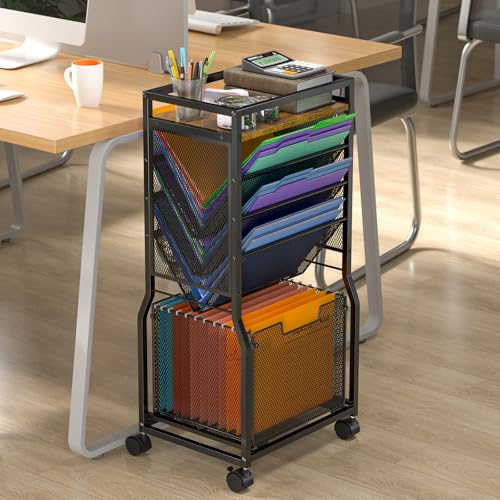 DAOUTIME 8 Tier Rolling File Cart with Hanging File Folder Organizer, Mobile File Organizer with 2 Sides Access Bookcase, Beside/Under Desk Cart with Wheels for Office Home School