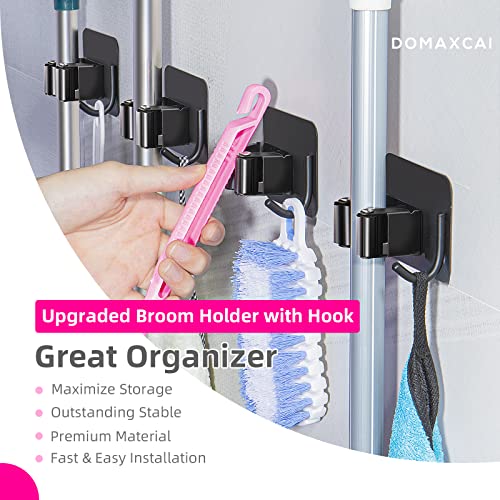 Broom and Mop Holder, Super Anti-Slip Wall Mount, Self Adhesive Gripper for Bathroom, Garage and Laundry Room Storage, Black