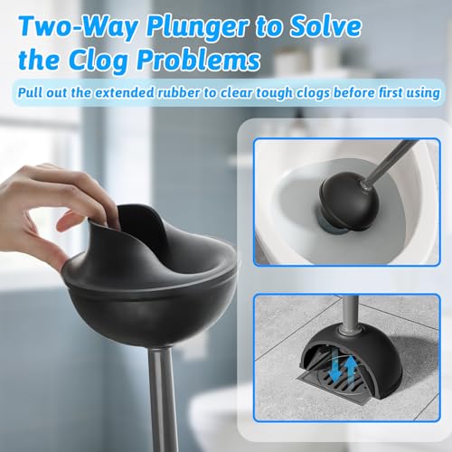 Sellemer Toilet Brush and Plunger Set, Curved Design Head Toilet Bowl Brush for Deep Cleaning, Heavy Duty Plunger for Bathroom, Grey, 2 Pack - color: Gray