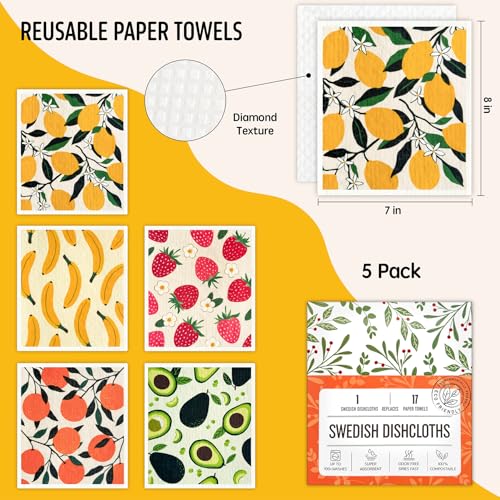 Swedish Dishcloths for Kitchen, Swedish Dish Cloths 5 Pack, Super Absorbent Reusable Paper Towels Washable, Biodegradable, Quick Drying, Dishwasher Safe - color: 5 Count- Fruits