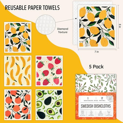 Swedish Dishcloths for Kitchen, Swedish Dish Cloths 5 Pack, Super Absorbent Reusable Paper Towels Washable, Biodegradable, Quick Drying, Dishwasher Safe - color: 5 Count- Fruits