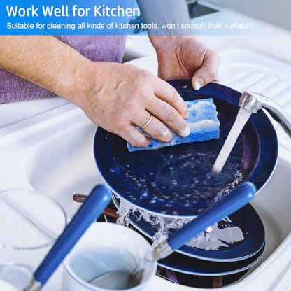 8PCS Compressed Kitchen Sponges for Household Use, Zero Scratch Scrub | Save Space, Premium Dish Sponges Kitchen Natural, Non Scratch Cleaning Sponges for Dishes, Blue & White Dishwashing Brushes