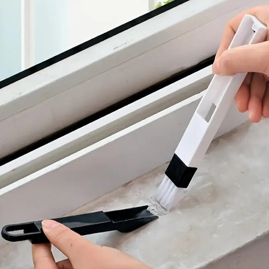Window Groove Cleaning Brush with Small Dustpan, 2-in-1 Handheld Track Cleaner for Sliding Door Window Gaps Corner and Keyboards, Black and White