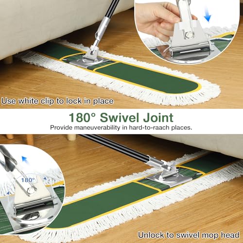 48" Commercial Dust Mop for Floor Cleaning with 2 Cotton Mop Pads | Heavy Duty Wet Dry Broom with 65" Metal Handle for Commercial Industrail Office Garage Warehouse Factory Mall/Green