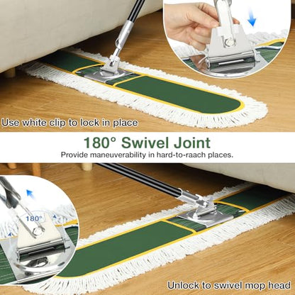 48" Commercial Dust Mop for Floor Cleaning with 2 Cotton Mop Pads | Heavy Duty Wet Dry Broom with 65" Metal Handle for Commercial Industrail Office Garage Warehouse Factory Mall/Green