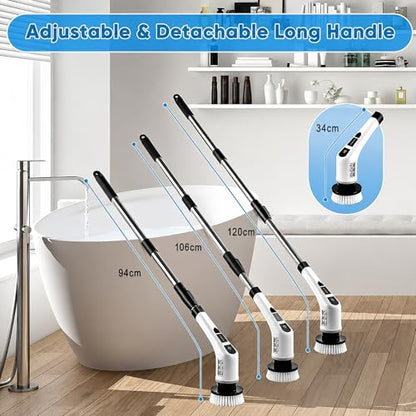 7-in-1 Electric Spin Scrubber with Long Handle, Cordless Power Scrubber with 2 Speeds & 7 Replaceable Brush Heads for Bathroom, Shower, Bathtub, Tile, Floor, Glass & Car Cleaning.