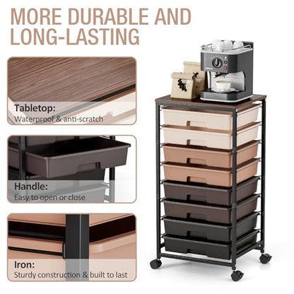 TOOLF Rolling Carts with Wheels, 8-Drawer Utility Cart, Wooden Tabletop Storage Cart for Office, Arts & Crafts, Classroom, Bedroom, Brown - color: Brown