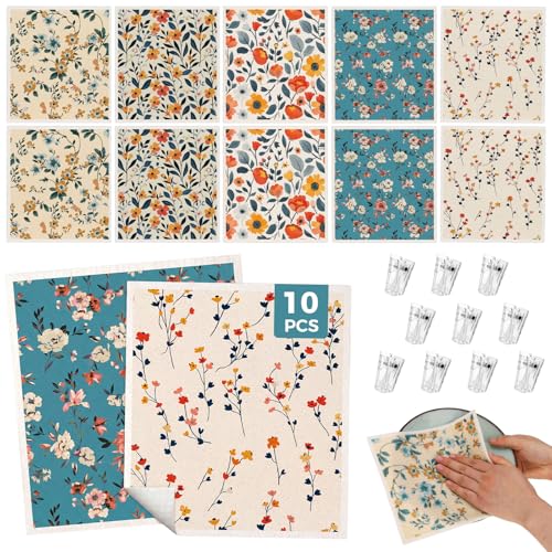 wlich Swedish Dishcloths, 10PCS Reusable Soft Kitchen Towels Dish Cloths Set with Clips, Non-Scratch Dish Rags for Washing Dishes, Washable Swedish Dish Cloths for Kitchen, No Odor(Plant) - color: Plant, size: 10PCS