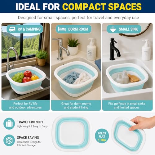 Small Collapsible Wash Basin, Mini Foldable Sink Tub (3.5L) with Hook, Lightweight Portable Wash Bowl for Dorm, Travel, Small Laundry & Makeup Cleaning – BPA-Free Space-Saving Design(Blue)