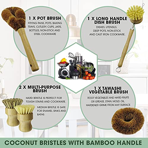 5 Pieces Bamboo Dish Brush Set for Eco-Friendly Home - Wooden Dish Scrubbers, Sustainable Kitchen Cleaning Set, Natural Bristle Dish Brushes for Pots Pans Bottles