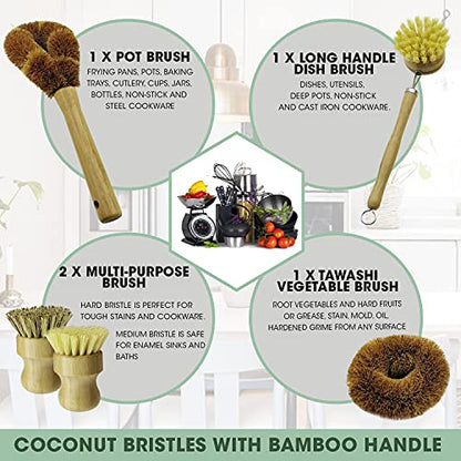 5 Pieces Bamboo Dish Brush Set for Eco-Friendly Home - Wooden Dish Scrubbers, Sustainable Kitchen Cleaning Set, Natural Bristle Dish Brushes for Pots Pans Bottles