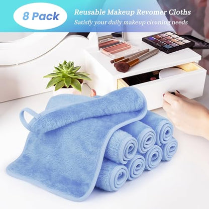 8 Pack Makeup Remover Cloth,13x7 Inch Reusable Makeup Remover Towels, Ultra Soft Microfiber Face Cloth Reusable Facial Washcloths, Blue - color: Blue