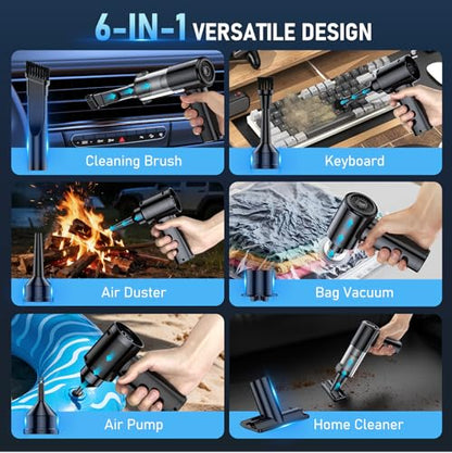Car Vacuum Portable Cordless, 35000Pa High Power Brushless Motor Handheld Vacuum, 6-in-1 Rechargeable Mini Cleaner with Air Duster for Car, Home, Pet Hair, Keyboard, Graphite Grey