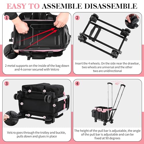 Chyaidach Rolling Cleaning Caddy, Cleaning Supplies Organizer with Trolley, Wearable Cleaning Tote Bag on Wheels with Hard Bottom, Cleaning Carts for Housekeepers/Home/Car/Office/Picnic (Pink) - color: Pink
