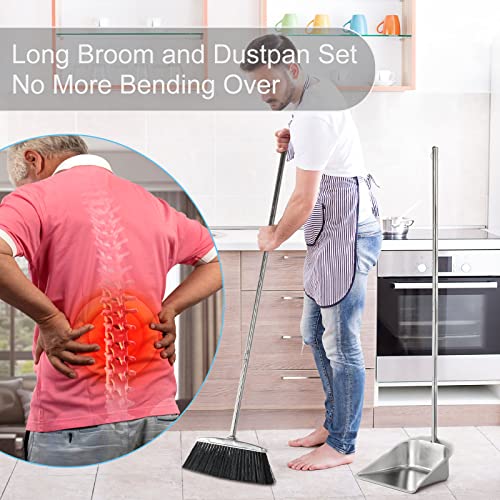 VOOWO Heavy Duty Broom and Dust pan Set, Stainless Steel Broom and Dustpan Set with Long Handle, Broom with Dustpan Set for Home Standing Dust Pan Indoor Outdoor Brooms Dustpan - color: Black Broom and Dustpan Set