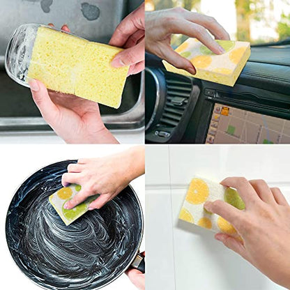 CELOX Lemon Printed Dual Sided Scrub Dish Sponges, Non Scratch Sponge for Kitchen Cleaning, 4.5" x 2.8" x 0.8" (6)
