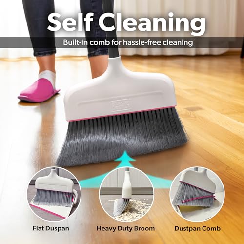BLACK+DECKER Butler Broom & Dustpan Set - Stand-Up Design - Lightweight, Space-Saving Combo for Kitchen, Living Room, Bathroom, Lobby Floors - Home Cleaning Essential, White/Pink - size: White/Pink Butler Broom & Dustpan