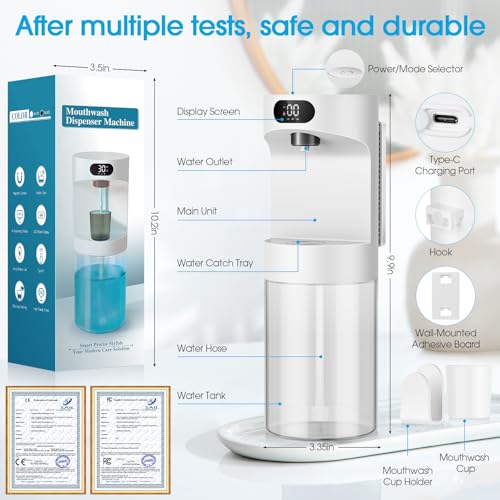 Automatic Mouthwash Dispenser for Bathroom,20.29 oz Touchless Electric Mouth Wash Dispensers Bathroom Accessories Set with 4 Magnetic Cups,4 Modes Wall Mounted Mouth Wash Dispenser for Home - color: White