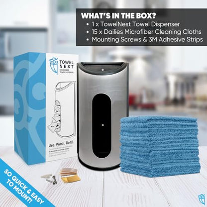 TowelNest Microfiber Cloth Dispenser | 15 Reusable Cloths (Slate Blue) | Eco-Friendly Paper Towel Alternative | Absorbent & Washable | Wall/Cabinet Mount (3M Adhesive & Screws Included) - color: Blue, size: Dispenser + 15 Cloths