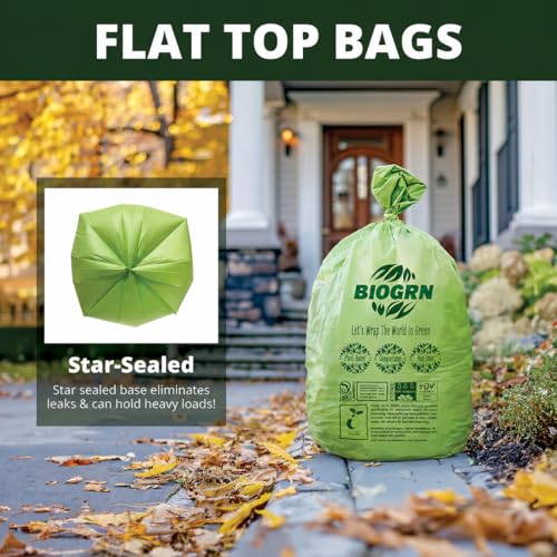 60-64 Gallon Compostable Trash Bags, 12 Count, 2 Mil Heavy Duty Flat Top Large Trash Bags, 243L Lawn & Yard Waste Bags for Outdoor Garden Cleanup, ASTM D6400 BPI & OK Compost HOME Certified - color: 64Gallon, Flat Top, 12 Count